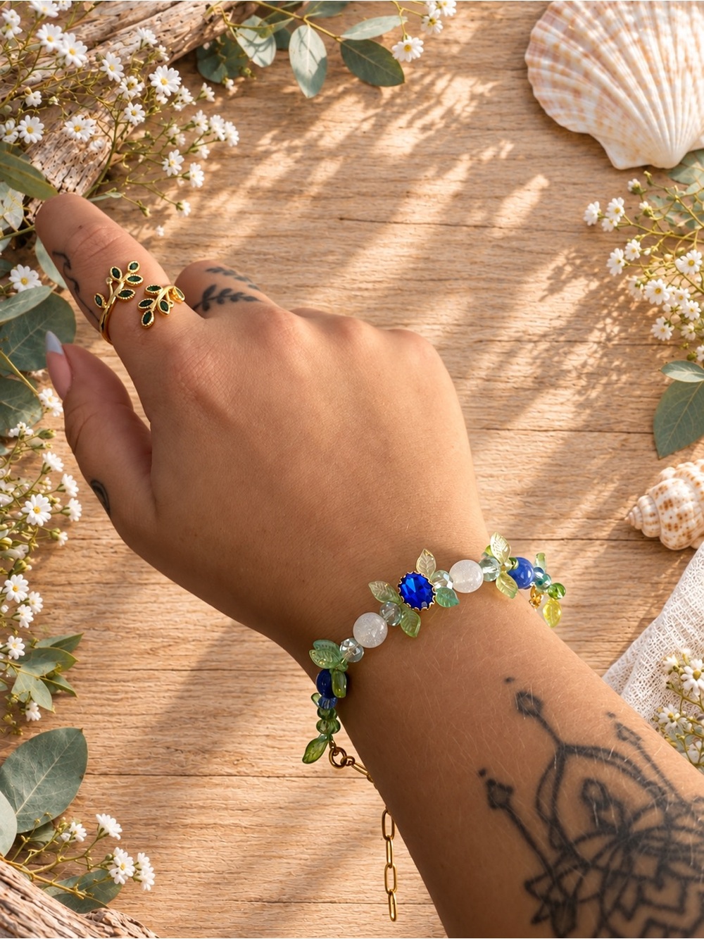 Delicate Green & Blue Crystal Flower Bracelet